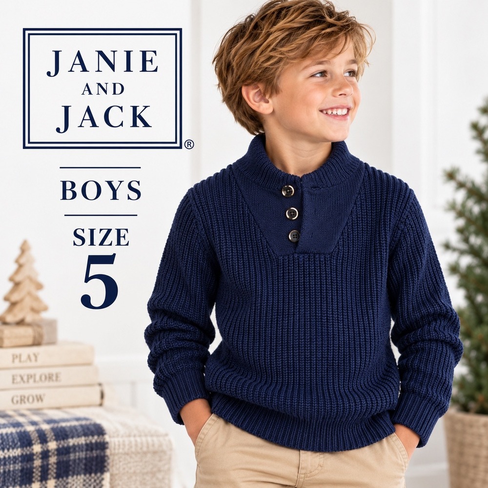 Janie and Jack Sweater Boys Size 5 Navy Blue Ribbed Knit Mock Neck Long Sleeve